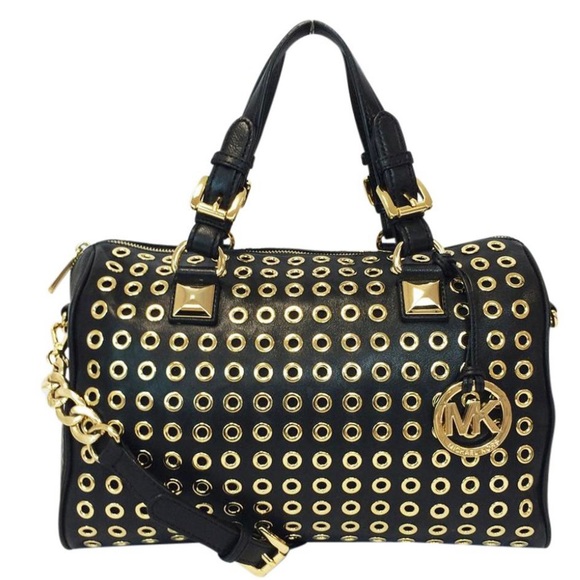 Michael Kors Grayson Grommet Satchel/ Duffel Black Leather & Gold - Picture 1 of 13
